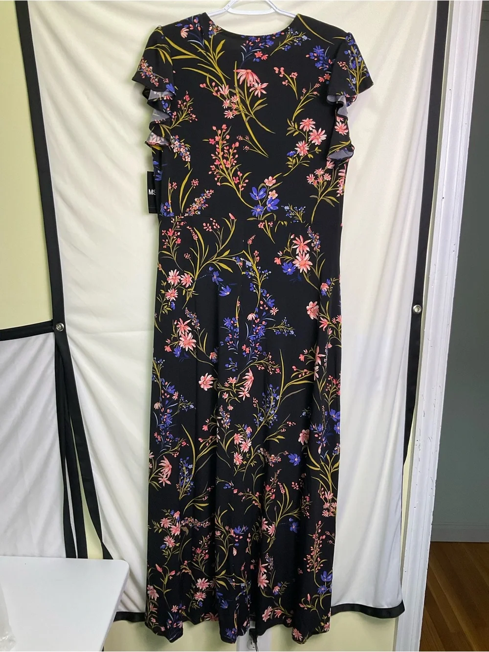 MSK Black Floral V-Neck Ruffle Sleeve Maxi Dress